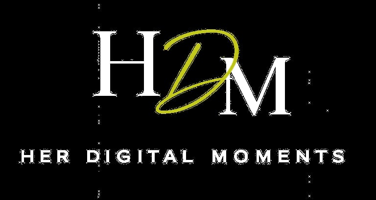 HDM logo with yellow accent on black background, tagline reads Her Digital Moments