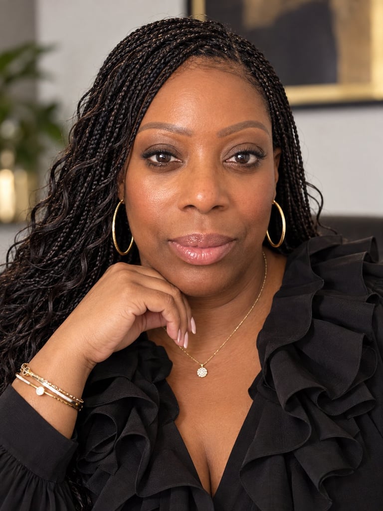 Professional headshot of LaTanya Martin, Founder of Her Digital Moments, wearing a black ruffled top and gold jewelry